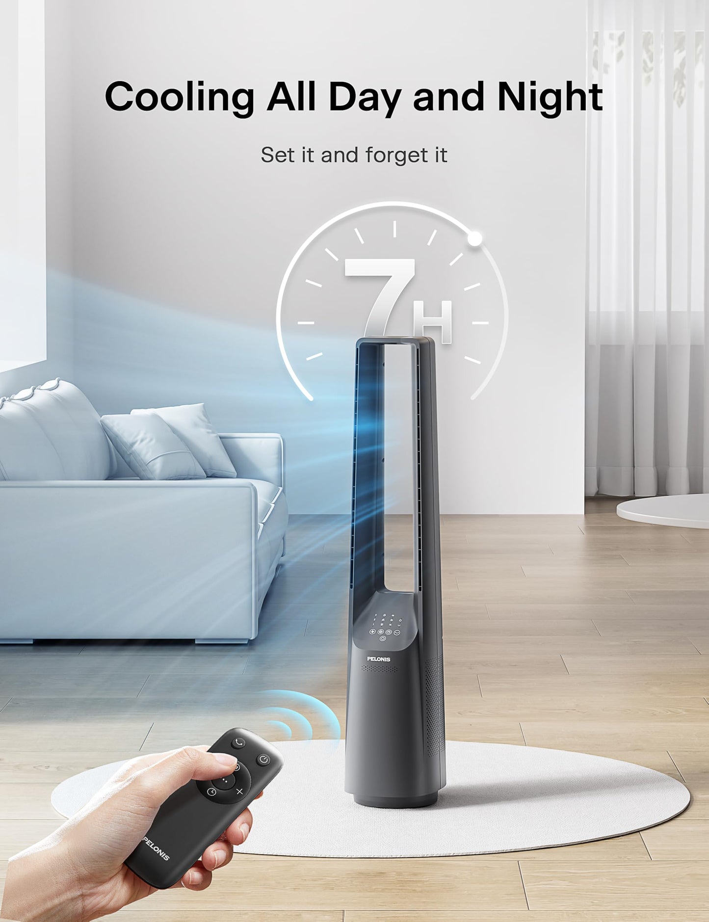 PELONIS 40" Bladeless Tower Fan - Ultra Quiet (20 dB) DC Motor, 6 Speeds, 4 Modes, Remote Control, 7H Timer, 90° Oscillation, Safe for Kids & Pets, Ideal for Bedroom, Home, Office PELONIS