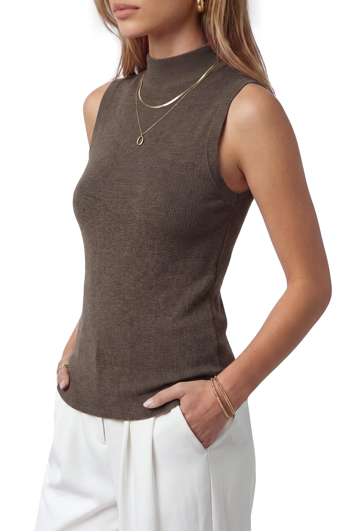 Arach&Cloz Women's Mock Neck Business Casual Sweater Tank Tops Coffee M 🍁 All In One Marketplace Canada