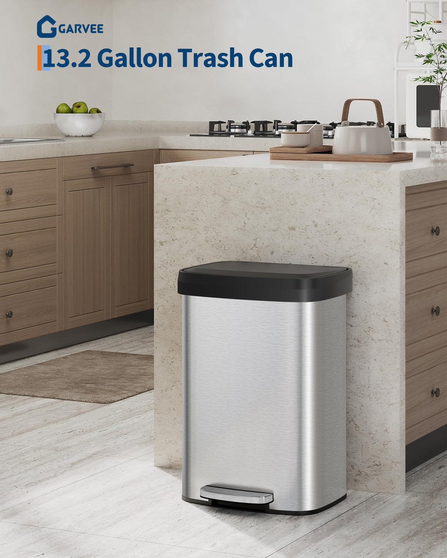 Garvee 13 gal / 50 L Stainless Steel Trash Can with Lid, Large Garbage Can for Kitchen, Rustproof Step-on Kitchen Metal Trash Bin with Liner Rim, Rear Handle, Soft Close Plastic Lid, Silver Garvee