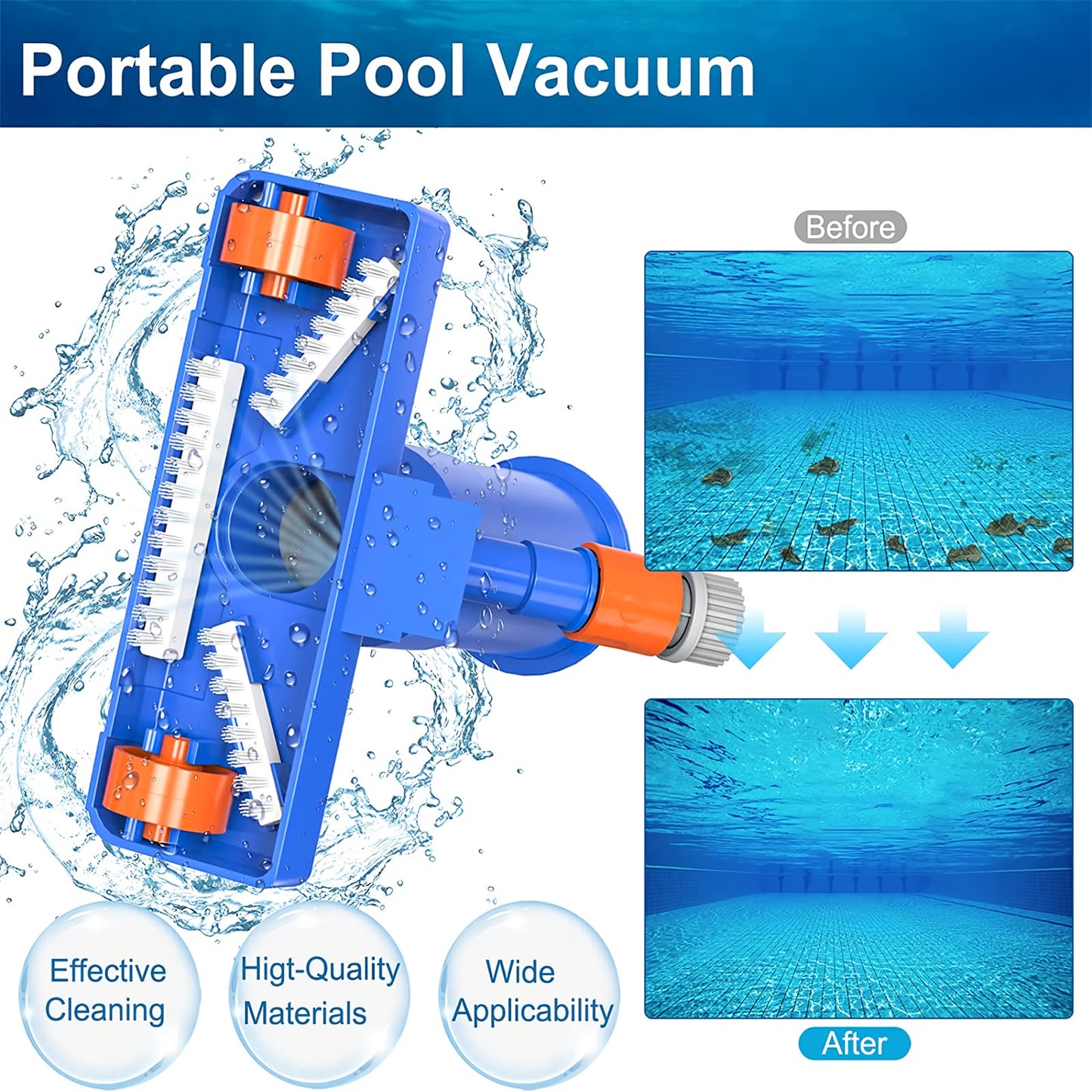 60" Portable Pool Vacuum Jet Underwater Cleaner and Leaf Skimmer Net (No Garden Hose Included), 4 Section Pole of Hand Held Portable Vacuum Pool Cleaner for Above Ground Pool Spa Pond Fountain Hot Tub