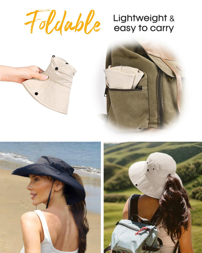 FURTALK Sun Hat for Women Men UV Protection Safari Hat Womens Summer Wide Brim Packable UPF50 Hiking Fishing Cowboy Style hat Beige