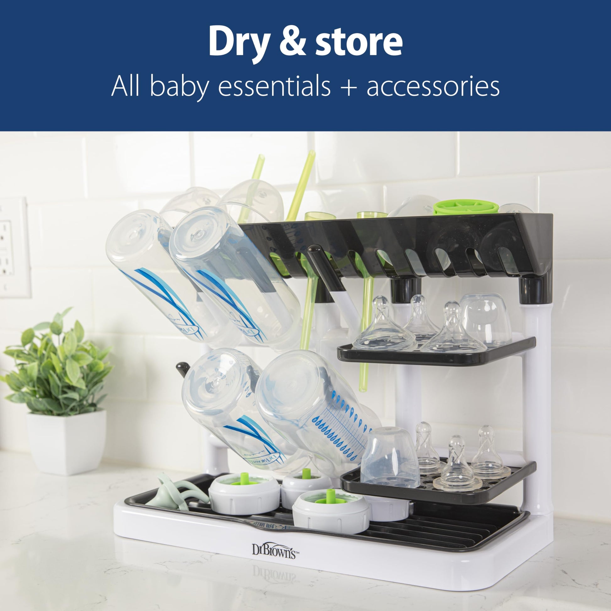 Dr. Brown’s™ Drying Tower, Stand-Up Drying Rack, Countertop Baby Bottle Drying with Organized Storage for Baby Essentials, Space Saving Vertical Rack