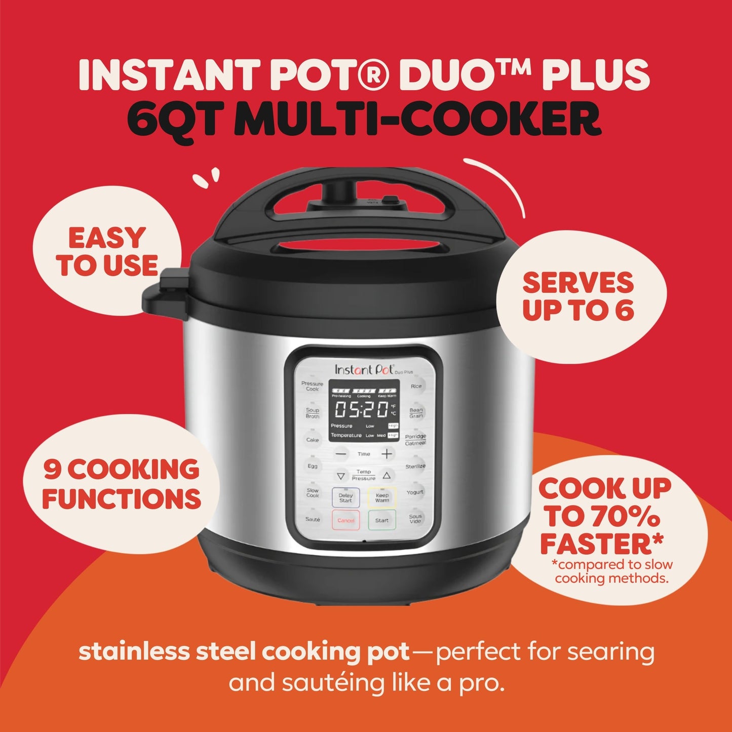 Instant Pot Duo Plus 6 Quart 9-in-1 Electric Pressure Cooker, Slow Cooker, Rice Cooker, Steamer, Sauté, Yogurt Maker, Warmer & Sterilizer, 15 One-Touch Programs,Stainless Steel/Black - Available at All In One Marketplace Canada
