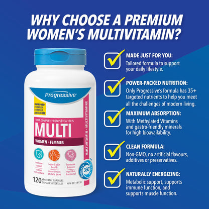 Progressive Advanced Daily Multivitamin for Adult Women, with DIM, Chastetree Berry, and Maca. Supports Immune Health, Energy and Hormone Health, 100% Complete, Canadian-Made, 120 Count