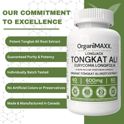 6X Strength Tongkat Ali 600 MG PER SINGLE CAPSULE 60,000 MG Equivalent 100:1 Extract Ratio Highest Potency, OrganiMAXX Longjack Eurycoma Longifolia Non-GMO Premium Tongkat Ali Supplement For Men. - Available at All In One Marketplace Canada