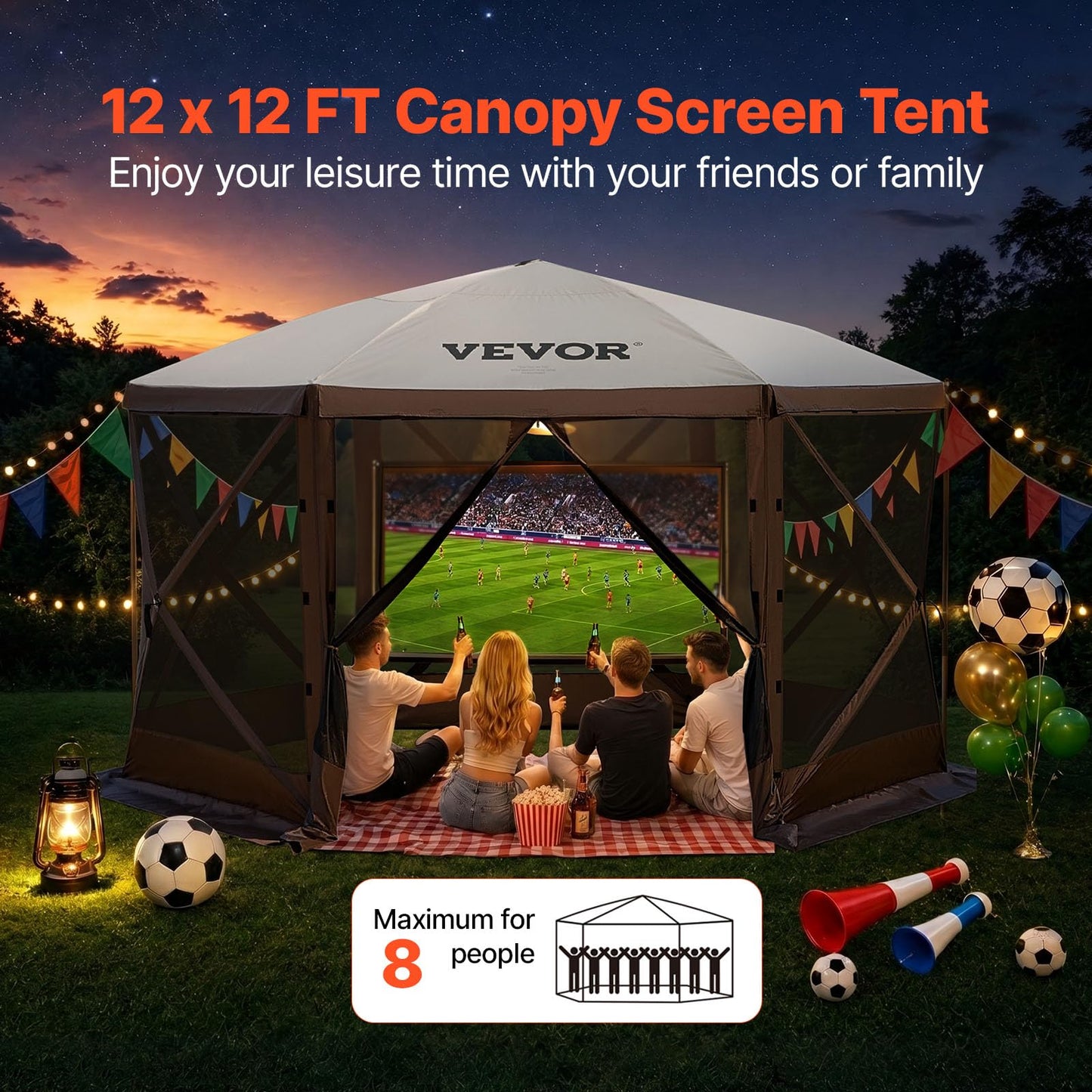 VEVOR Camping Gazebo Tent, 12'x12', 6 Sided Pop-up Canopy Screen Tent for 8 Person Camping, IPX3 Water-Resistant Screen Shelter w/Portable Storage Bag, Ground Stakes, Mesh Windows, Brown & Beige
