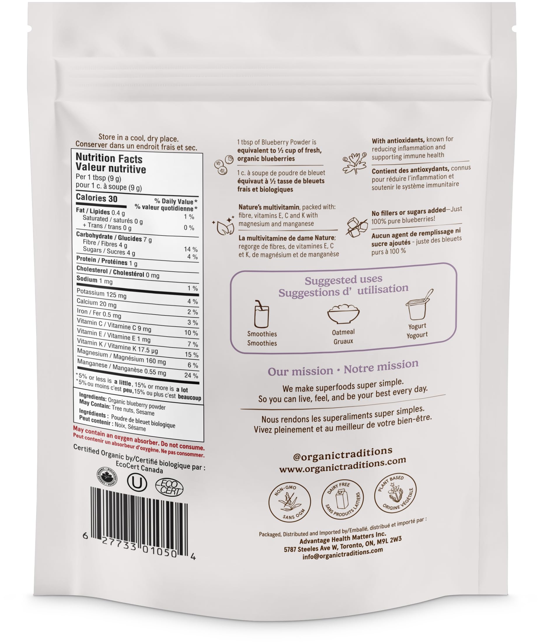 Organic Traditions Blueberry Powder - Canadian Organic Berries, 3.5oz (100g)