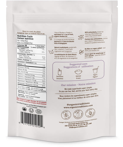 Organic Traditions Blueberry Powder - Canadian Organic Berries, 3.5oz (100g)