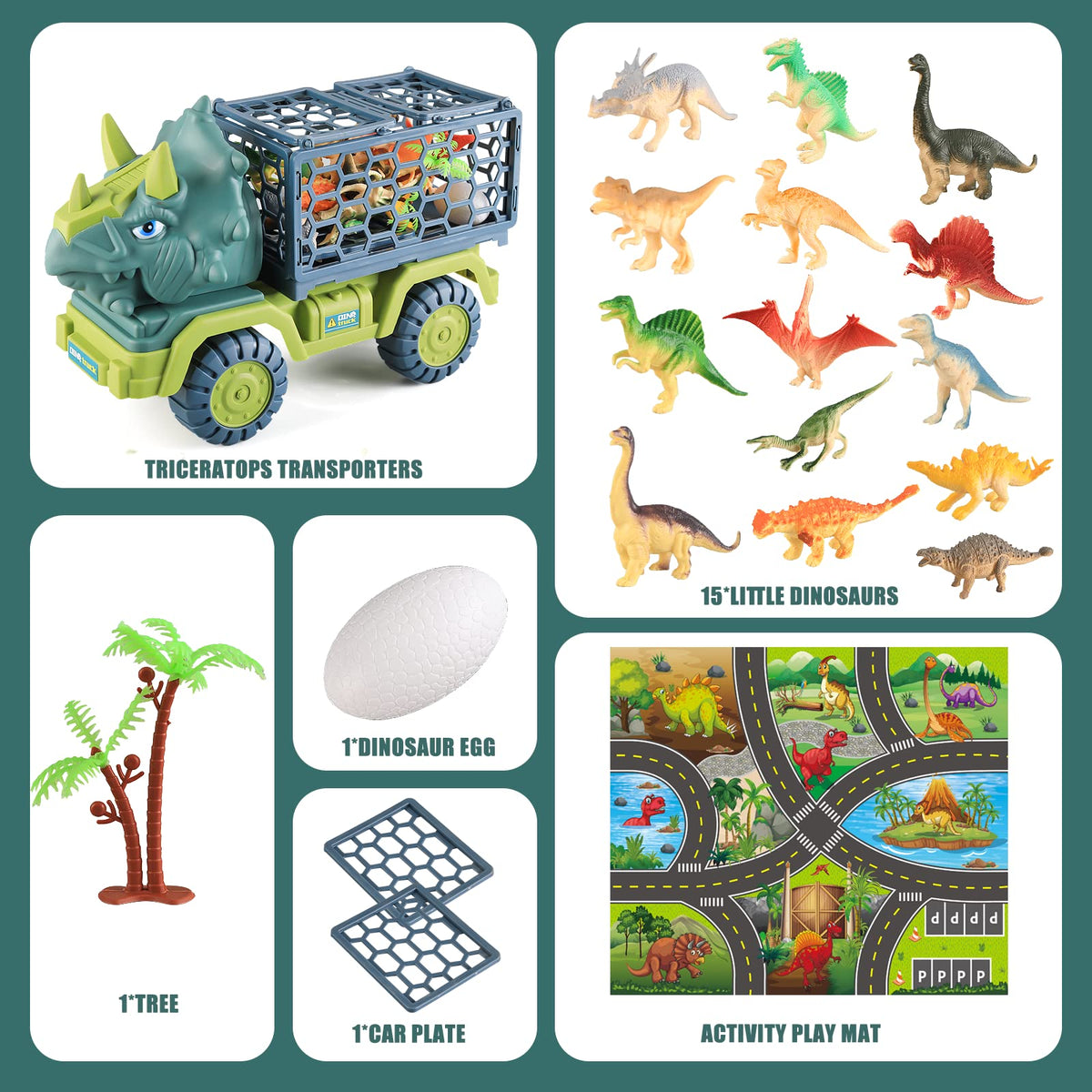 Dinosaur Truck Toys for Kids 3-8 Years, Triceratops Transport Car Toy with 15 Dino Figures,Dinosaur Eggs,Activity Play Mat,Dinosaur Game Set,Christmas Birthday Gifts for Boys Girls Stocking Stuffers 🍁 All In One Marketplace Canada