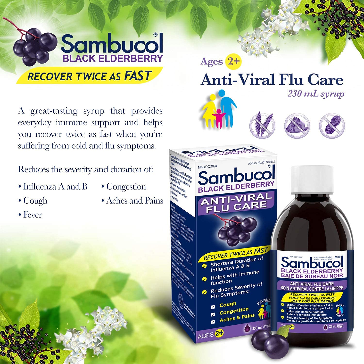 Sambucol Black Elderberry Anti-Viral Flu Care | Quickly Relieves Cold & Flu Symptoms | Immune Support & Antioxidant | Ideal for Families | Syrup, 230 mL, blue - Available at All In One Marketplace Canada