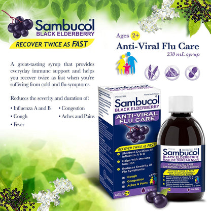Sambucol Black Elderberry Anti-Viral Flu Care | Quickly Relieves Cold & Flu Symptoms | Immune Support & Antioxidant | Ideal for Families | Syrup, 230 mL, blue - Available at All In One Marketplace Canada