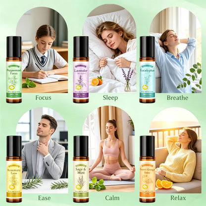 Roll On Essential Oils Set for Relax Focus Refresh, Aromatherapy Oils Gift Set, Removable Roller, Fragrance Oil Scented Oil for Diffuser Self Care Home, 6x 10M(Eucalyptus, Lavender, Orange, Peppermint, Rosemary, Mint), Gifts for Women and Men