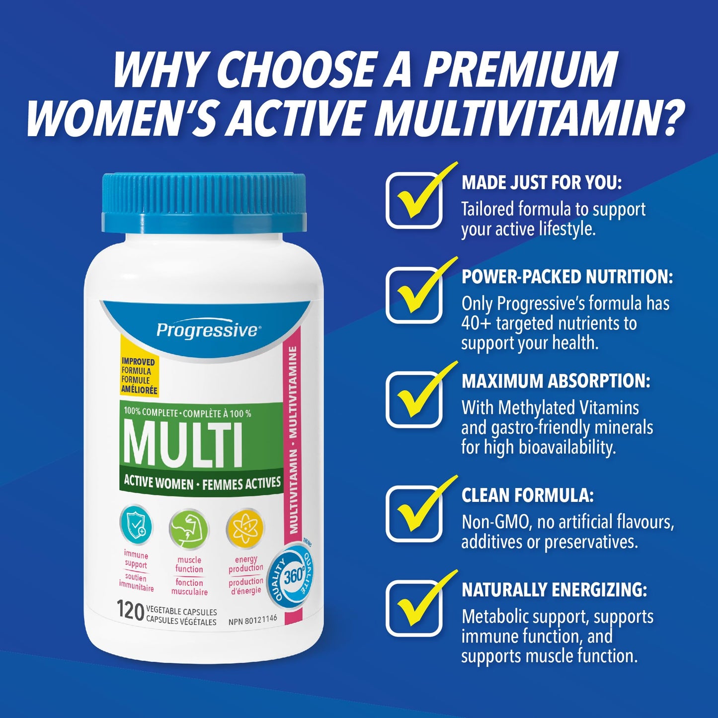 Progressive Advanced Daily Multivitamin for Active Women, with DIM, Chastetree, Maca, and Ashwagandha. Supports Immune Health, Healthy Estrogen Balance, and Energy, 100% Complete, Canadian-Made, 120 Count Progressive