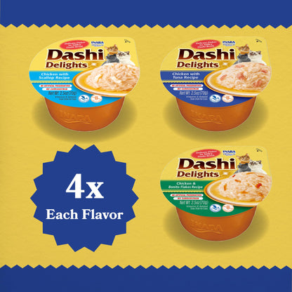 INABA Dashi Delights for Cats, 70 gram Cup, 12 Cups Total, Seafood Variety INABA