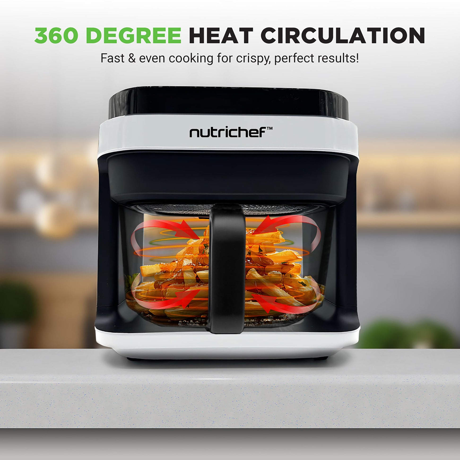 Nutrichef 5.8 Quart Air Fryer | 8-1 Preset Cook Modes | Transparent Fry Bowl for Best Cooking Results | Cook Shrimp, Steak, Fries, Wings, Chicken & More | Precise Temperature Control & Time | White NutriChef