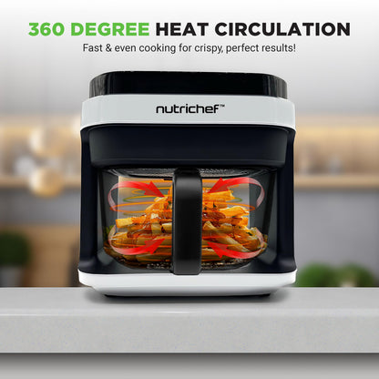 Nutrichef 5.8 Quart Air Fryer | 8-1 Preset Cook Modes | Transparent Fry Bowl for Best Cooking Results | Cook Shrimp, Steak, Fries, Wings, Chicken & More | Precise Temperature Control & Time | White NutriChef
