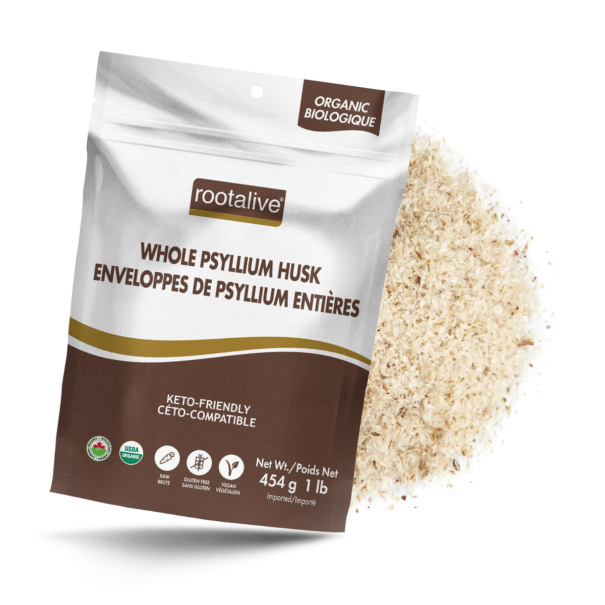 Rootalive Organic Whole Psyllium Husk 454g, Unflavored, Soluble & Insoluble Fibre, Vegan, Gluten-Free