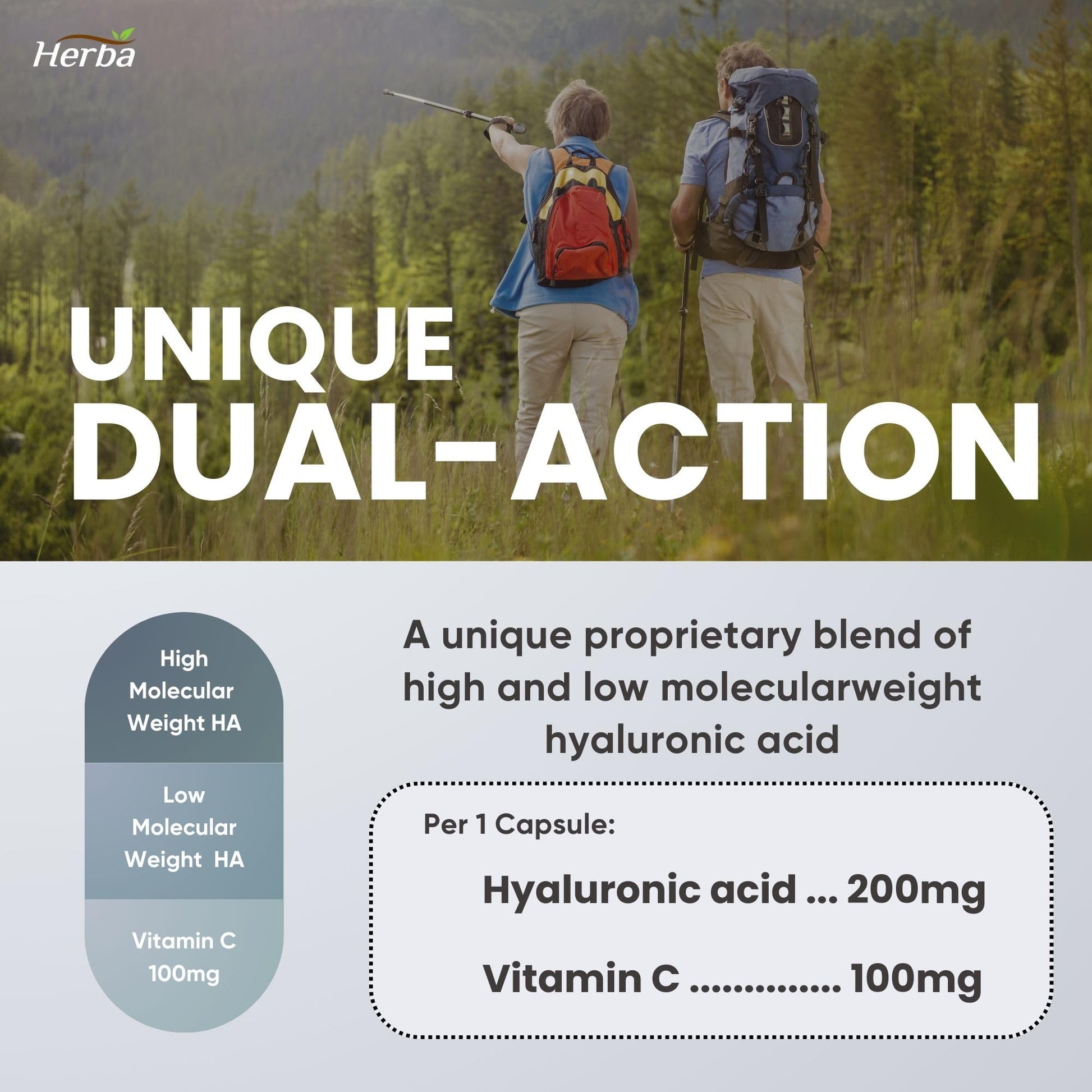 Herba Hyaluronic Acid Supplement 200mg - 100 Capsules | 100% Purity Hyaluronic Acid Capsules with Vitamin C to Support Joint and Bone Health | Made in Canada - Available at All In One Marketplace Canada