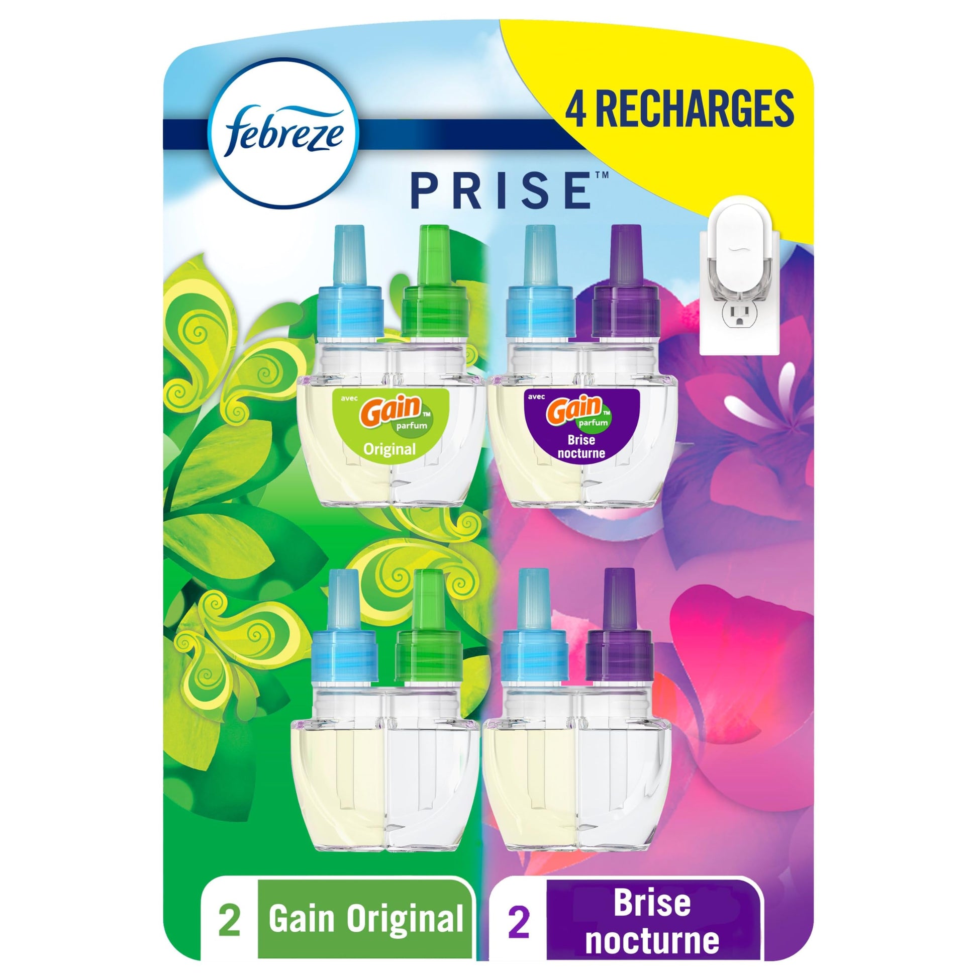 Febreze Plug In Air Freshener, Odor-Fighting Scented Oil Refill, Home and Bathroom and Kitchen, Long Lasting for Strong Odors, Gain Moonlight Breeze & Gain Original Scents, Refills, 4 Count