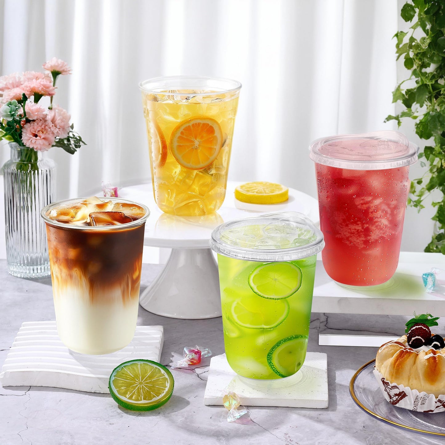 50 Pack 16oz Clear Plastic Cups with Sip Lids, Disposable Iced Coffee Cup with Strawless Lid for Party Wedding Catering Events, to Go Cups for Cold Drinks Smoothie Milkshake Lemonade Bubble - Available at All In One Marketplace Canada