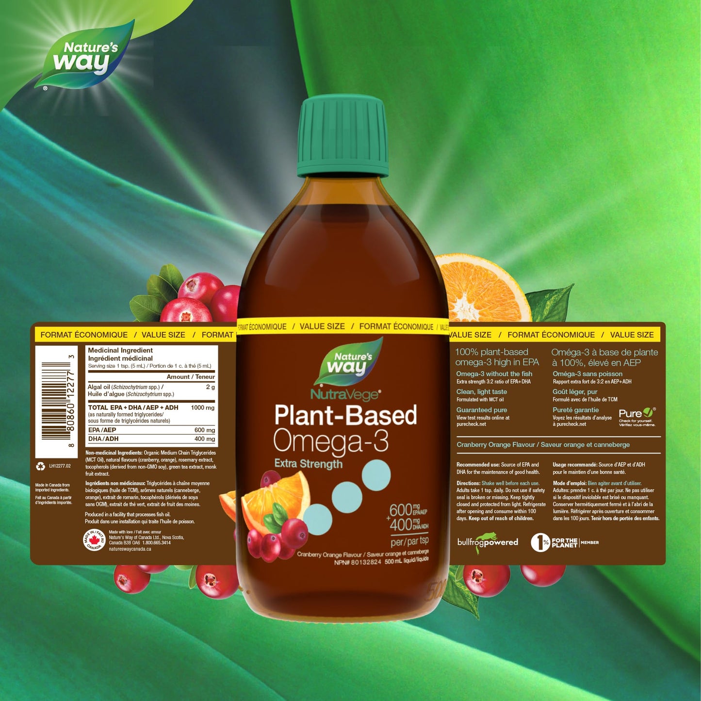 Nature's Way NutraVege Plant-based Omega-3 Supplement, Extra Strength Formula, Vegetarian, EPA + DHA from Algal Oil, Vegan, Cranberry Orange Flavour, 500 mL Liquid, Value Size Nature's Way