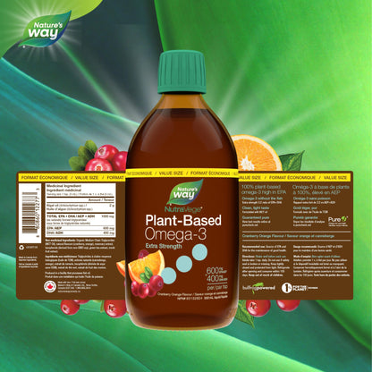 Nature's Way NutraVege Plant-based Omega-3 Supplement, Extra Strength Formula, Vegetarian, EPA + DHA from Algal Oil, Vegan, Cranberry Orange Flavour, 500 mL Liquid, Value Size Nature's Way