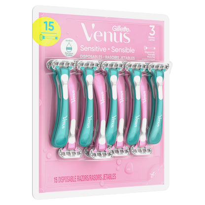 Gillette Venus Sensitive Disposable Razors for Women with Sensitive Skin, Delivers Close Shave with Comfort, 15 Count (Pack of 1) - Available at All In One Marketplace Canada