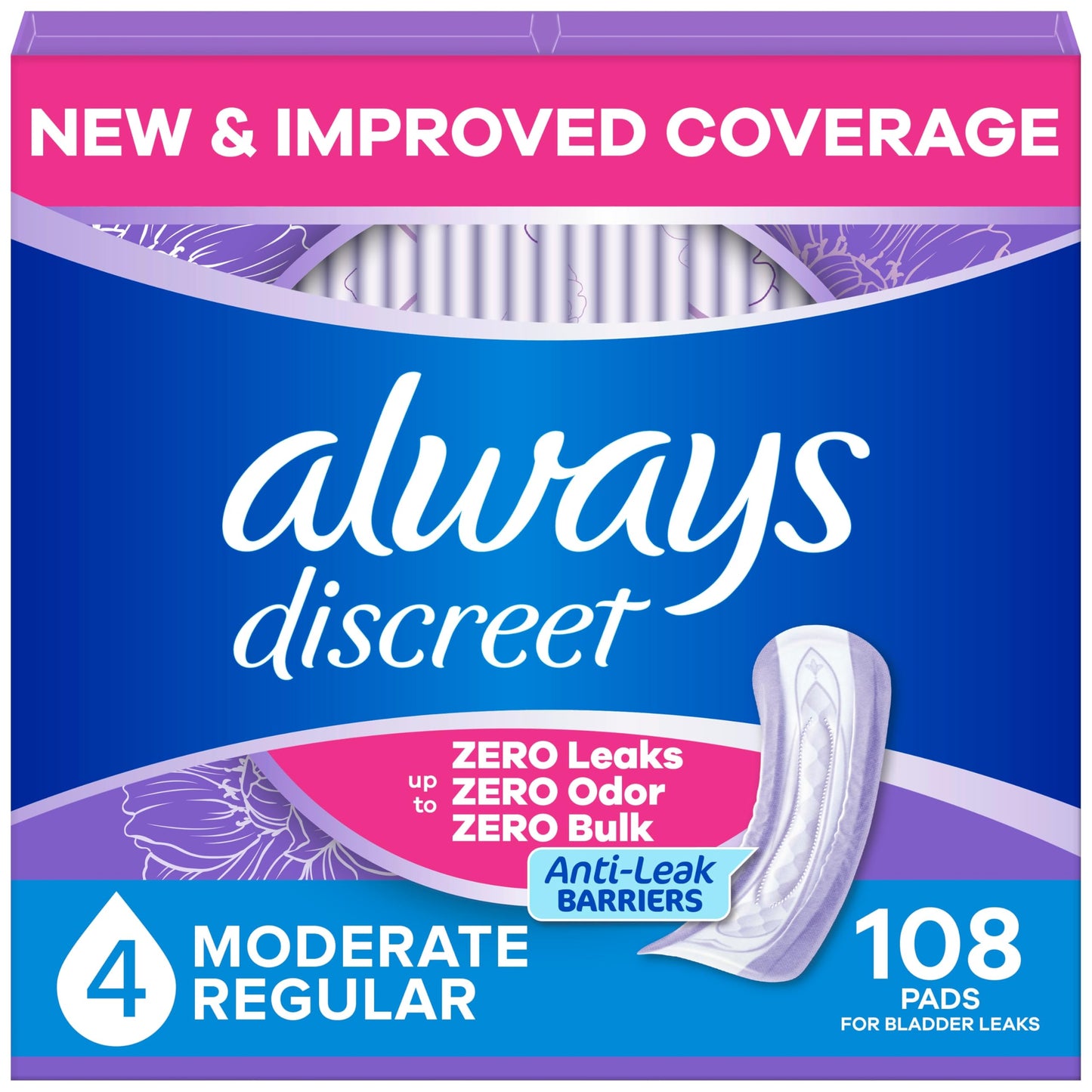 Always Discreet Adult Incontinence Pads for Women, Moderate Absorbency, Regular Length, Postpartum Pads, 108 Count