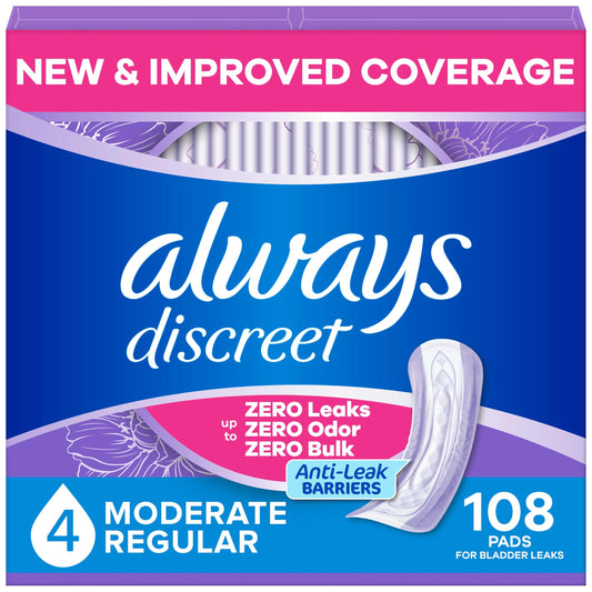 Always Discreet Adult Incontinence Pads for Women, Moderate Absorbency, Regular Length, Postpartum Pads, 108 Count