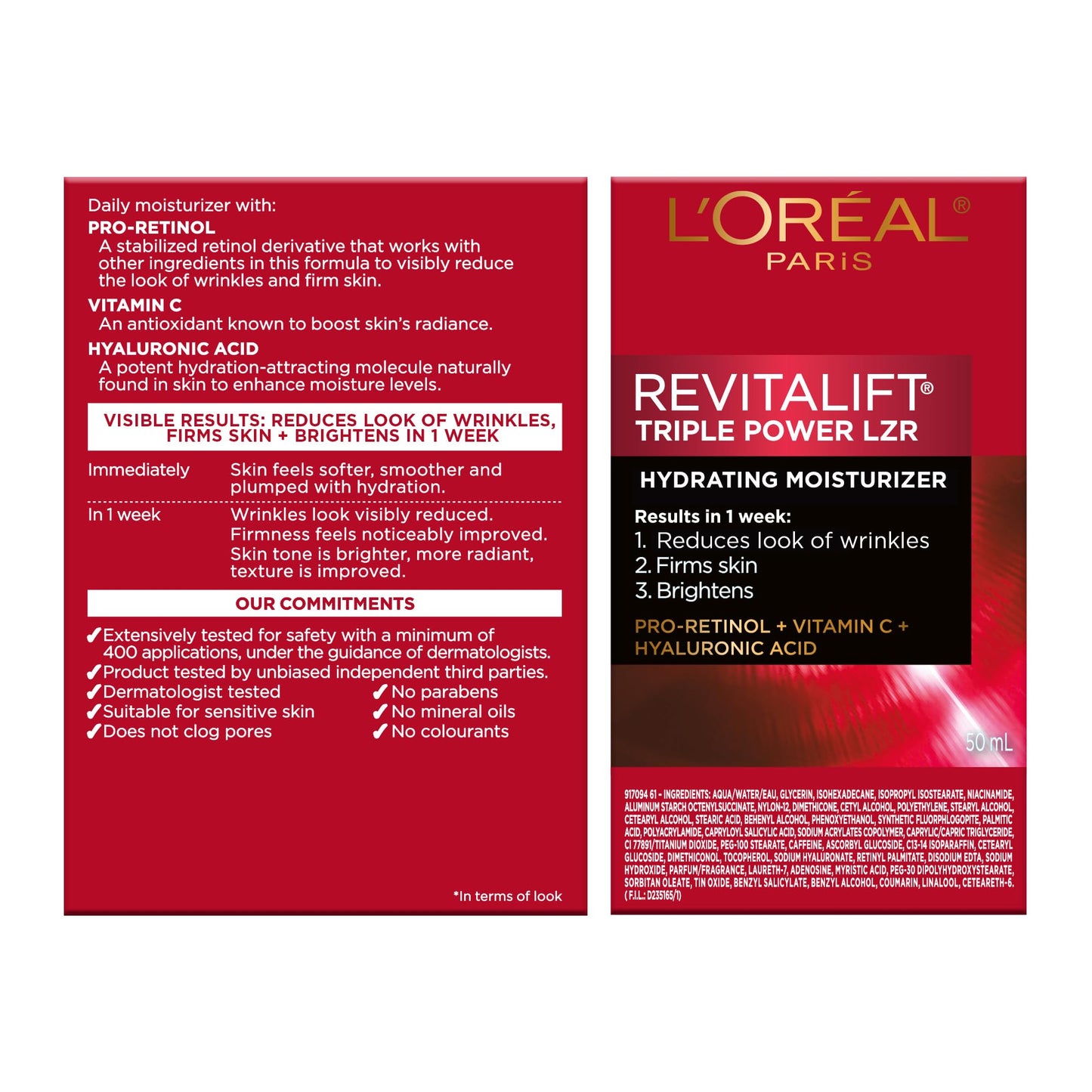 L'Oréal Paris Face Moisturizer, Moisturizer for Face with Pro-Retinol, Vitamin C & Hyaluronic Acid, Retinol Cream Reduces Look of Wrinkles & Firms Skin, Revitalift Triple Power LZR, 50ml