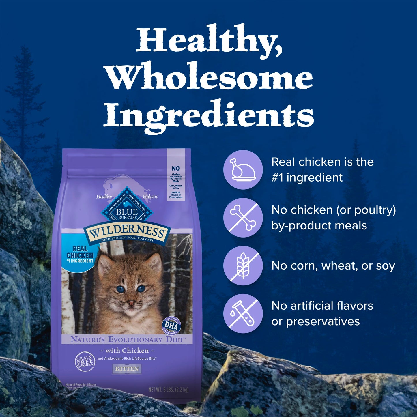 Blue Buffalo Wilderness with Chicken Natural High-Protein Grain-Free Dry Kitten Food, Real Chicken First, Antioxidant-Rich LifeSource Bits Support Immunity, DHA & ARA for Development, 2.2kg/5 lbs.
