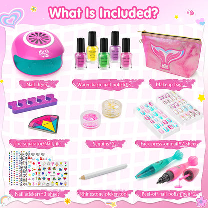 Amagoing Kids Nail Polish Set for Girls, Girls Nail Kit Ages 7-12 with Nail Dryer, Quick-Dry Nail Polish, Nail Art Pens, Press on Nail, Makeup Bag, Spa Manicures Birthday Christmas Gift Toy 6 7 8 9 10 11 Years Old 🍁 All In One Marketplace Canada