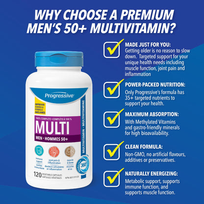 Progressive Advanced Multivitamin for Men 50+, with Maca, Turmeric, Bacopa Extract and CoQ10. For Immune and Joint Support, Heart Health, and Inflammation, 100% Complete, Canadian-Made, 120 Count