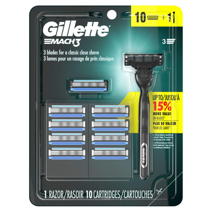 Gillette Mach3 Mens Razor, Includes 1 Handle, 10 Razor Blade Refills