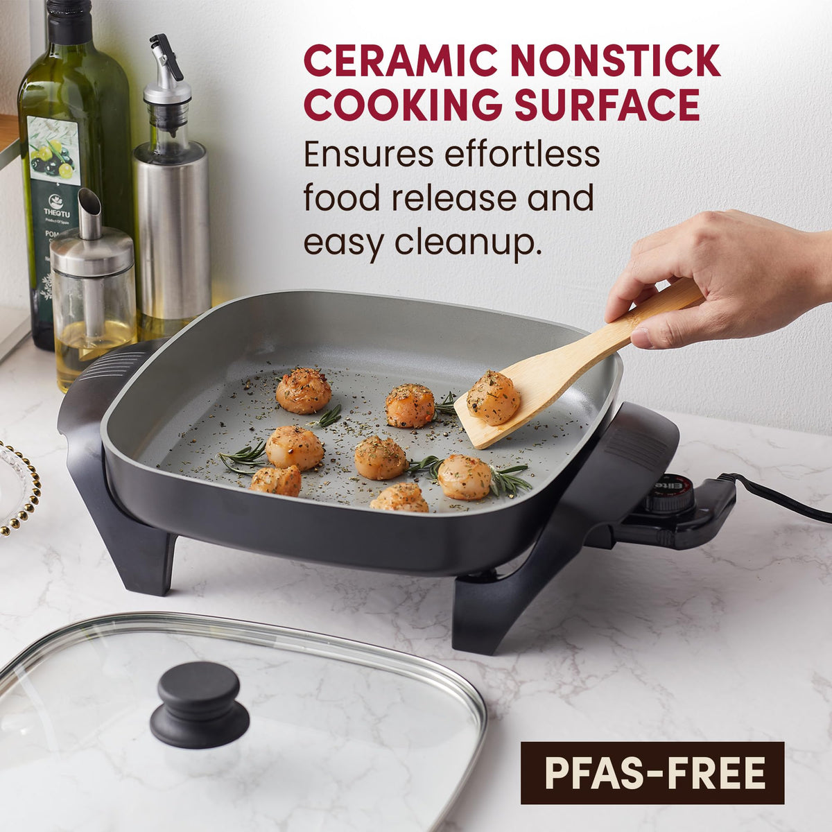 Elite Gourmet 12"x12"x2.15” Ceralast PFAS Free Ceramic Electric Skillet, Dishwasher Safe, Rapid Heat Up, 1200W, Dark Grey