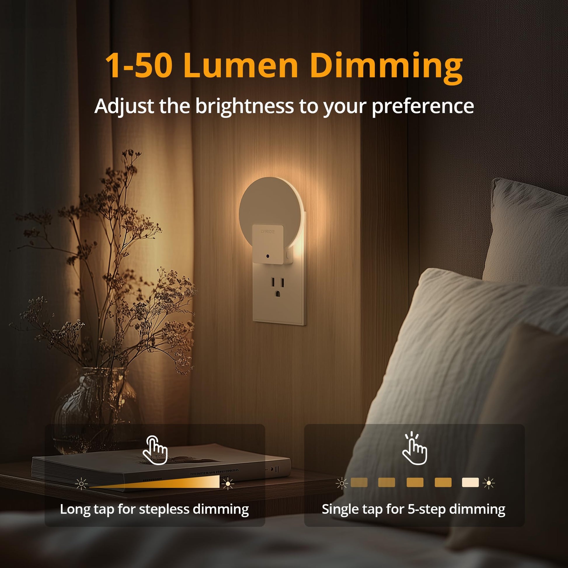 Lyridz Backlit Night Light Plug-in,[4 Pack] Glare-Free Indirect Glow, Dusk to Dawn Sensor, 1-50LM Dimmable Veilleuse, 2700K Warm White for Bedroom, Bathroom, Hallway