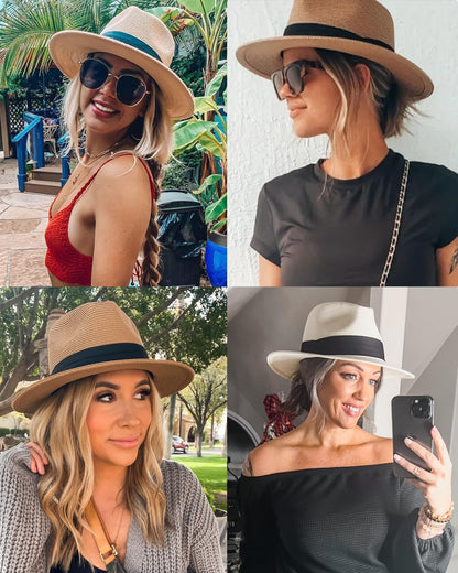 FURTALK Womens Mens Wide Brim Straw Panama Hat Fedora Summer Beach Sun Hat UPF Straw Hat for Women Khaki-Black