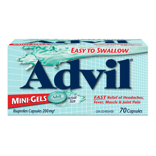 Advil Regular Strength Ibuprofen Pain Relief Mini-Gels Capsules, Fast Acting Pain Relief for Migraine, Back, Neck, Joint, and Muscle Relief, 200mg (70 capsules) - Available at All In One Marketplace Canada