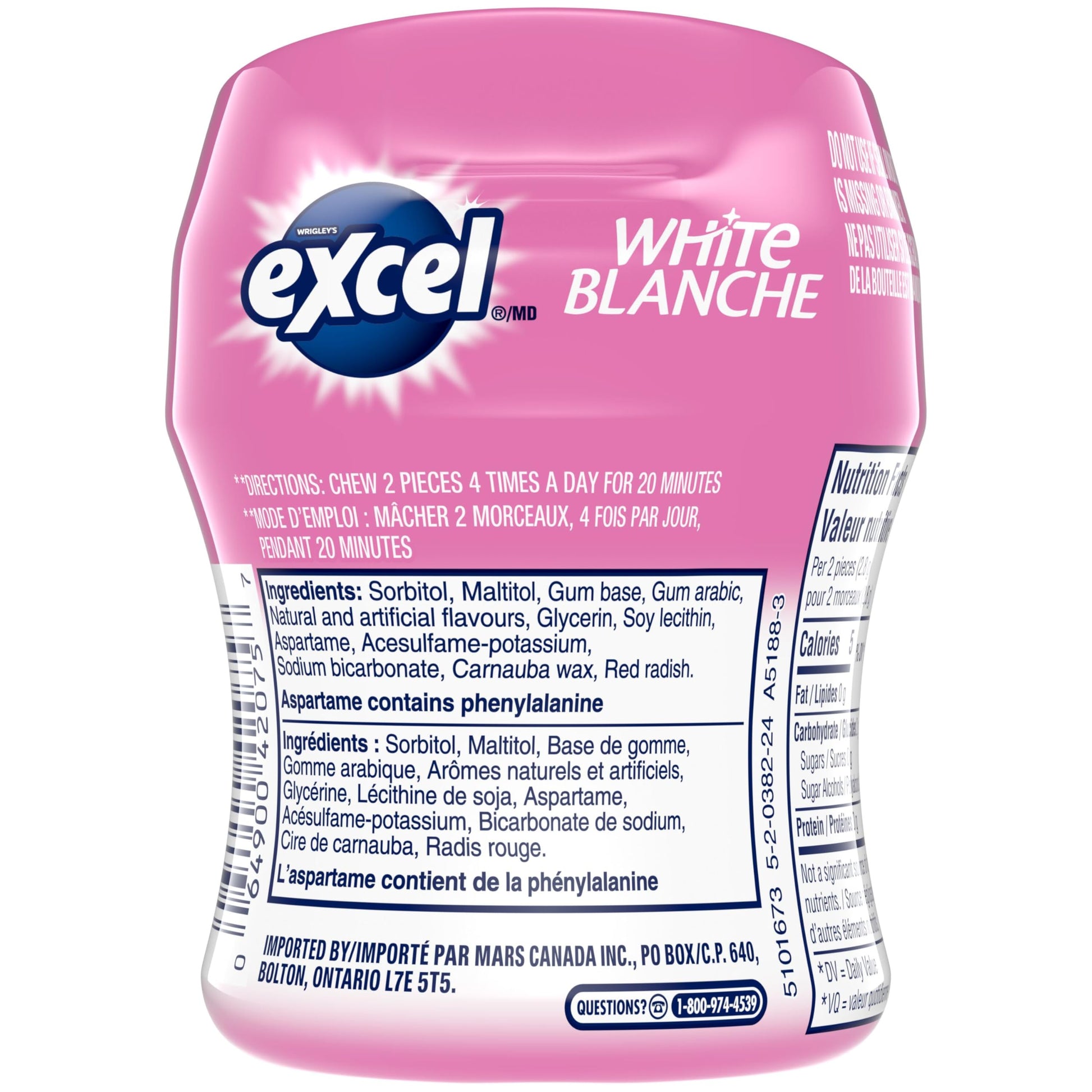 EXCEL White, Bubblemint Flavoured Sugar Free Chewing Gum, 60 Pieces, 6 Bottles - Available at All In One Marketplace Canada