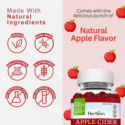 Herbion Naturals Apple Cider Vinegar Gummy with Folic Acid, Pomegranate, Beetroot & vitamin B12, source of Antioxidants to maintain Good Health & Metabolism, 60 Pectin Gummies for Adults, Apple Flavour - Available at All In One Marketplace Canada