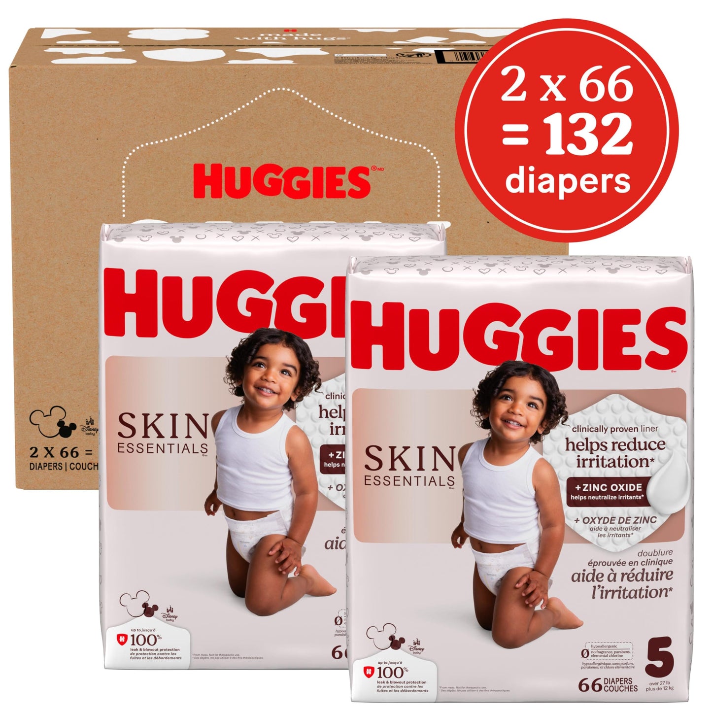 Huggies Size 5 Diapers, Skin Essentials Baby Diapers, Size 5 (27+ lbs), 132 Count (2 Packs of 66), Packaging May Vary