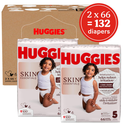 Huggies Size 5 Diapers, Skin Essentials Baby Diapers, Size 5 (27+ lbs), 132 Count (2 Packs of 66), Packaging May Vary