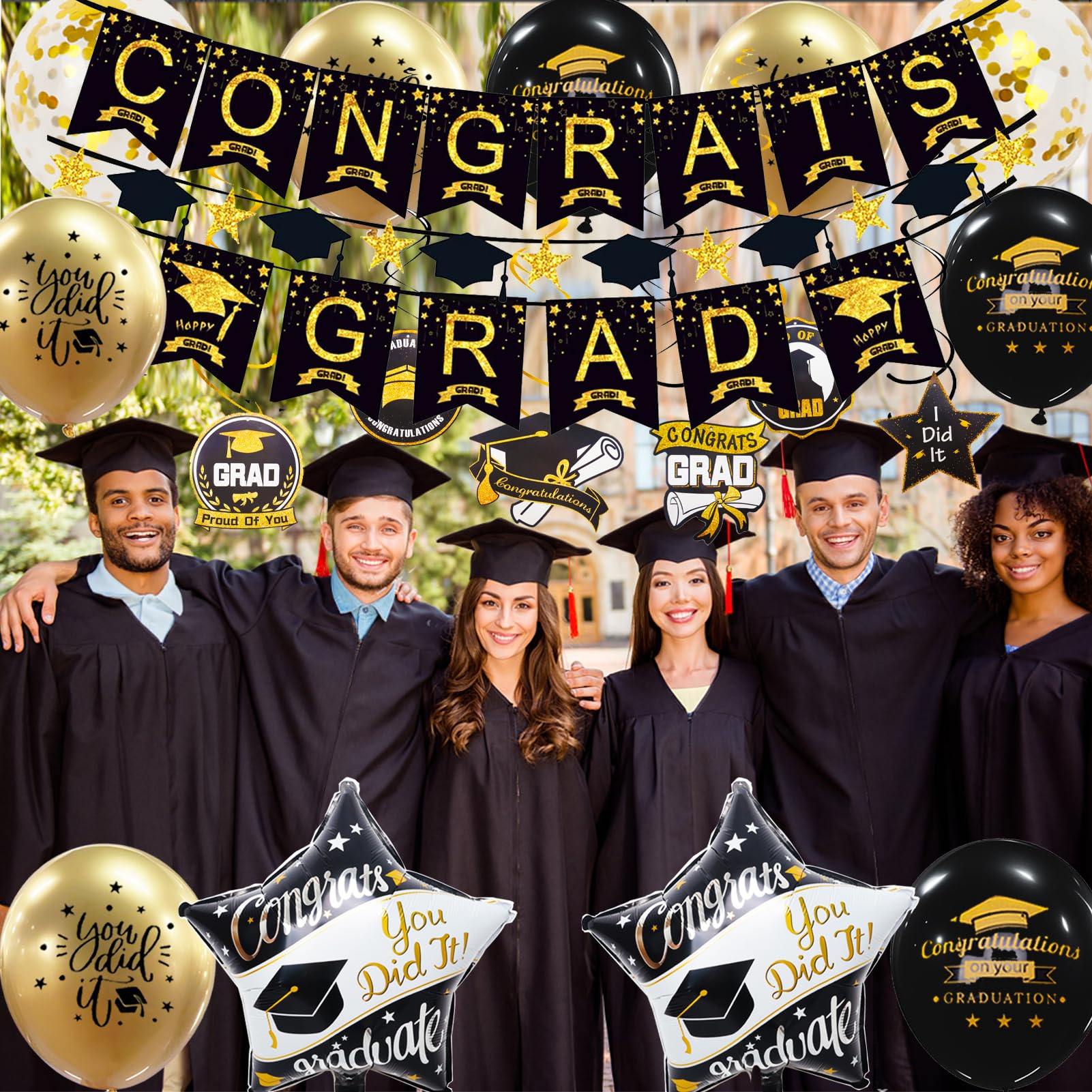 Graduation Decorations Class of 2026, 12Pcs Black and Gold balloons with Swirl and Graduation Garland Congrats Grad 2026 Banner for College High School Party Supplies - Available at All In One Marketplace Canada