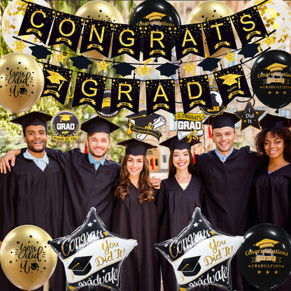 Graduation Decorations Class of 2026, 12Pcs Black and Gold balloons with Swirl and Graduation Garland Congrats Grad 2026 Banner for College High School Party Supplies - Available at All In One Marketplace Canada