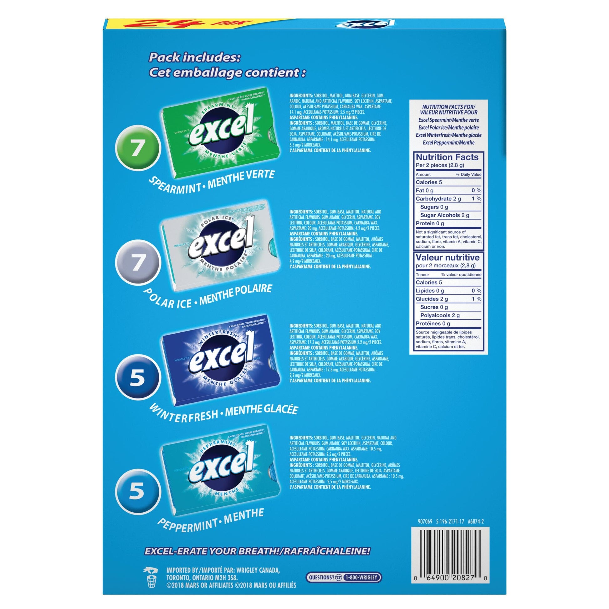 EXCEL Sugar-Free Chewing Gum Variety Pack - 24 Packs (12 Pieces Each)