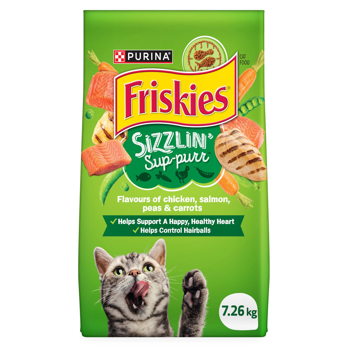 Friskies Sizzlin’ Sup-Purr Dry Cat Food, Flavours of Chicken, Salmon, Peas & Carrots - 7.26 kg Bag (1 Pack)