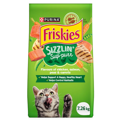 Friskies Sizzlin’ Sup-Purr Dry Cat Food, Flavours of Chicken, Salmon, Peas & Carrots - 7.26 kg Bag (1 Pack)