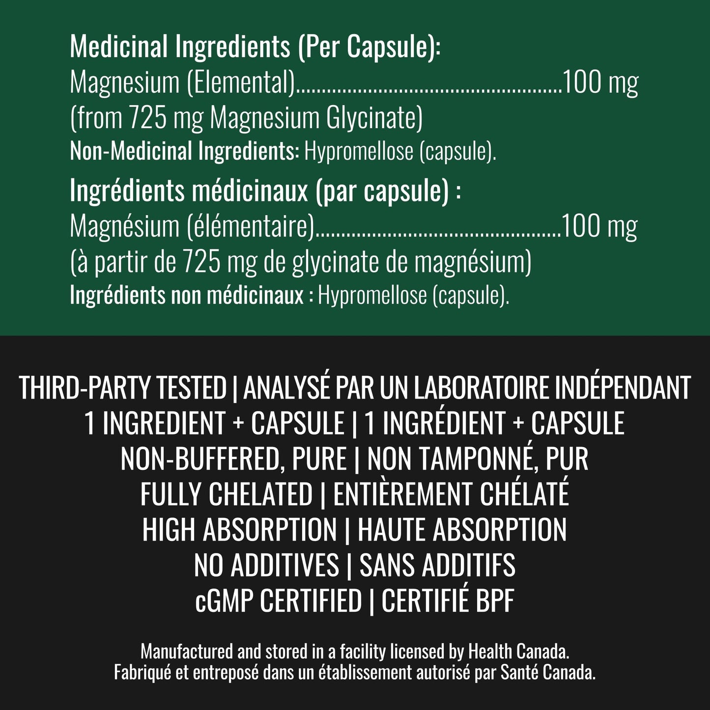 Magnesium Glycinate 100 mg Capsules (Elemental) from Non-Buffered Fully Chelated 100% Magnesium Bisglycinate - 124 High-Absorption Capsules with No Additives - Made in Canada - Nutritionn - Available at All In One Marketplace Canada