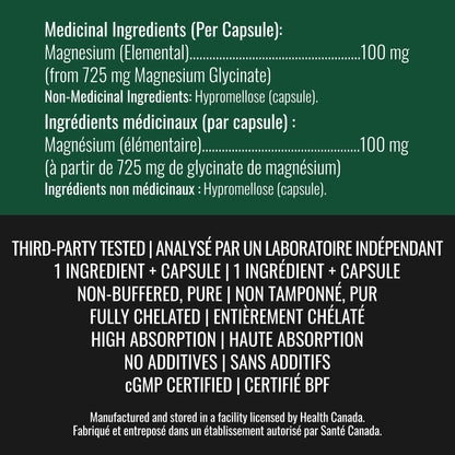 Magnesium Glycinate 100 mg Capsules (Elemental) from Non-Buffered Fully Chelated 100% Magnesium Bisglycinate - 124 High-Absorption Capsules with No Additives - Made in Canada - Nutritionn - Available at All In One Marketplace Canada