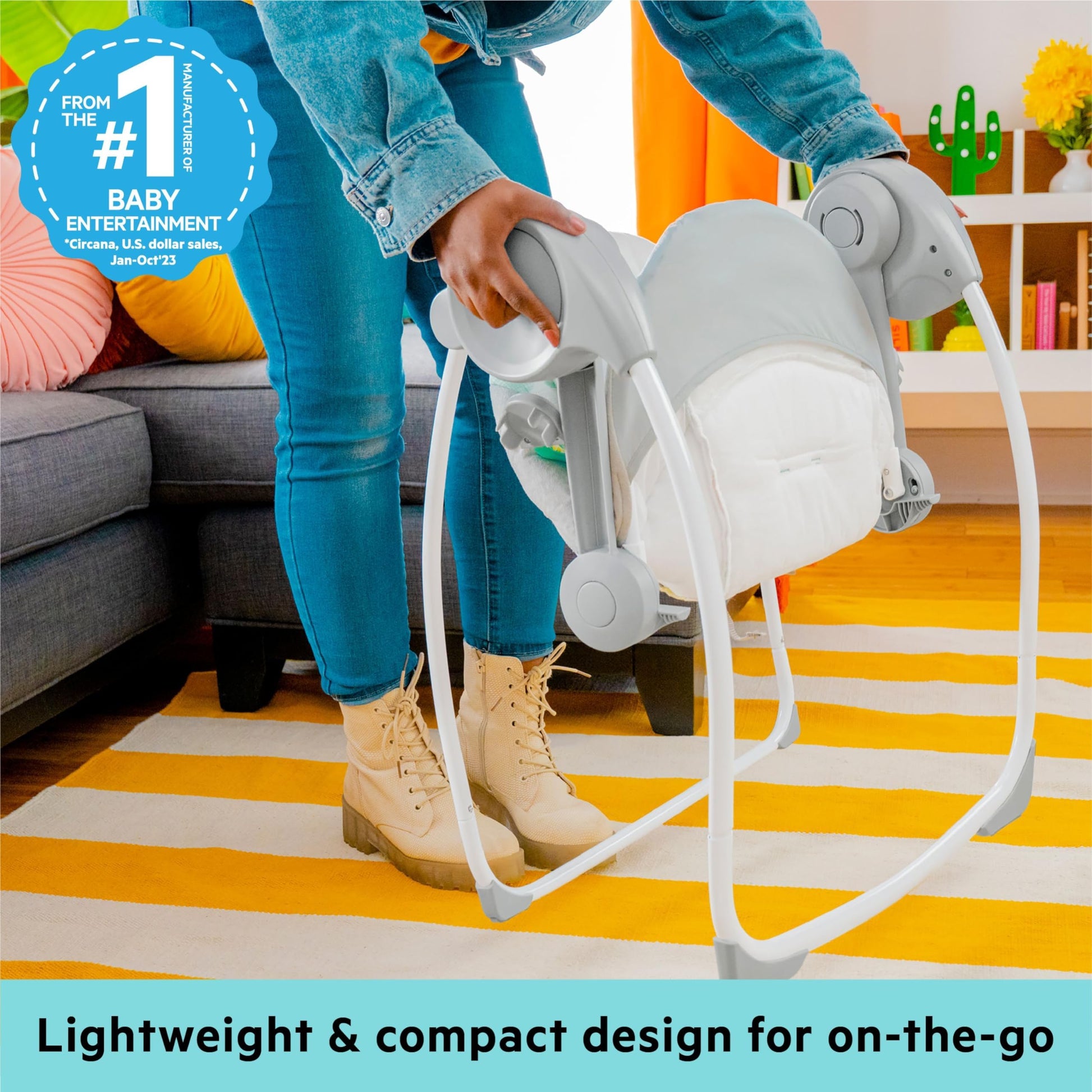 Bright Starts Portable Automatic 6-Speed Baby Swing, Compact Easy-Fold, Music, Toy Bar, 0-9 Months 6-20 lbs (Whimsical Wild) Bright Starts